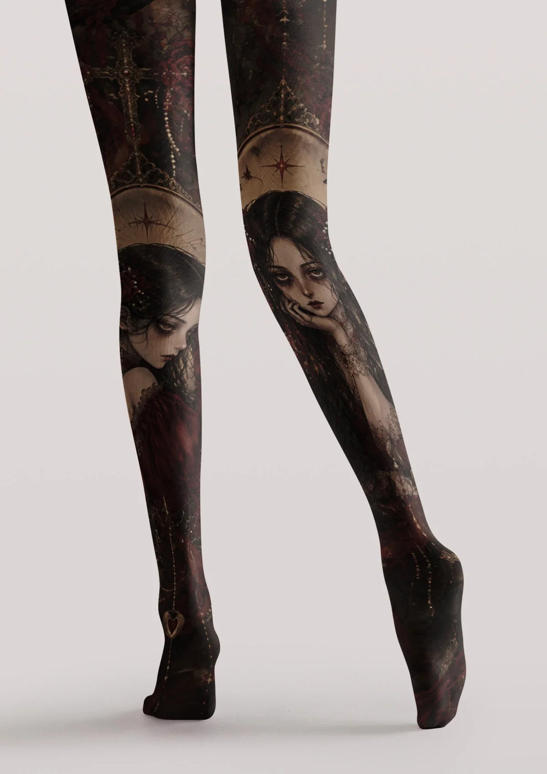 Women Red Rose Maiden Pattern Print Tights Hosiery Pantyhose