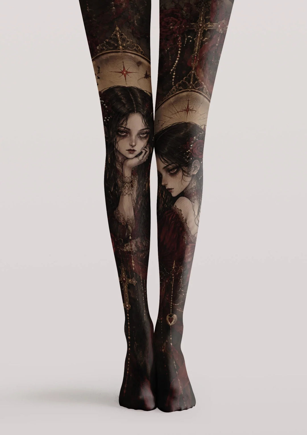 Women Red Rose Maiden Pattern Print Tights Hosiery Pantyhose
