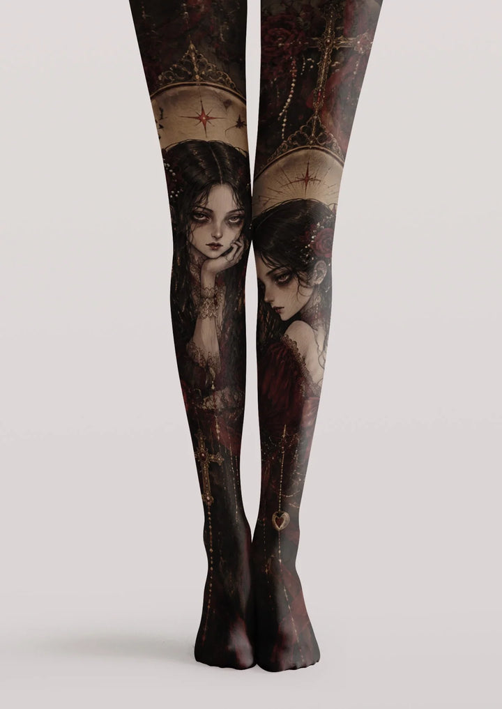 Women Red Rose Maiden Pattern Print Tights Hosiery Pantyhose