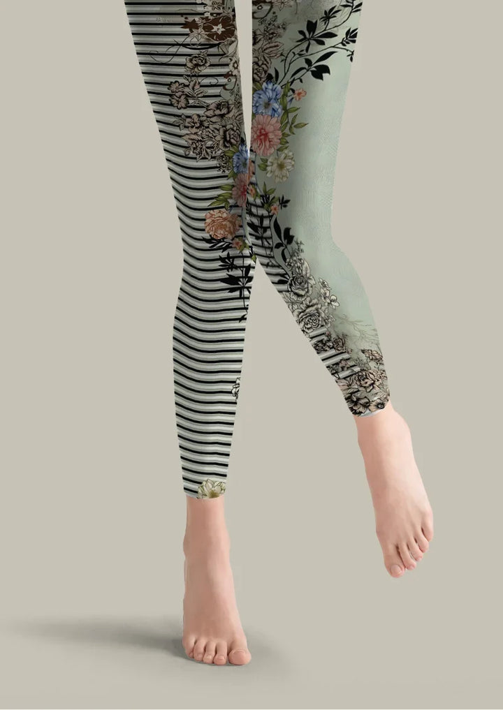 Floral Stripe Print Footless Tights Hosiery Pantyhose