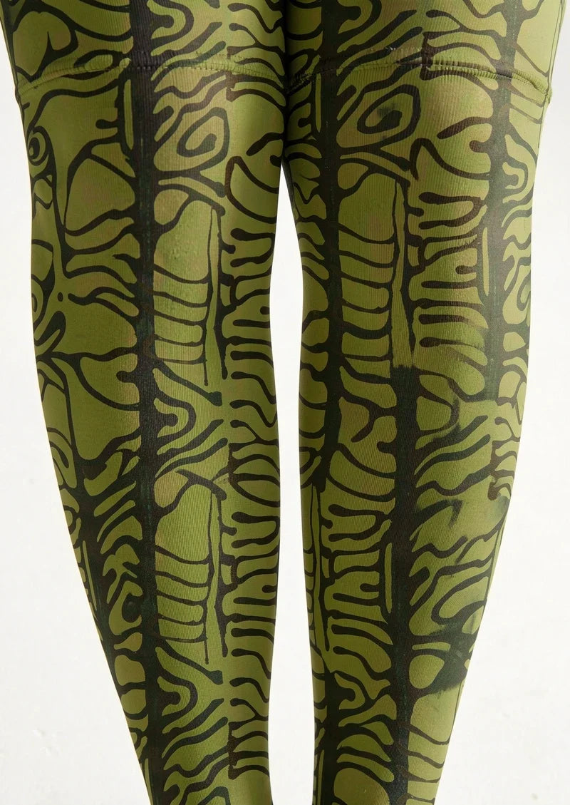 Moss Green Hieroglyphic Line Print Tights Hosiery Pantyhose