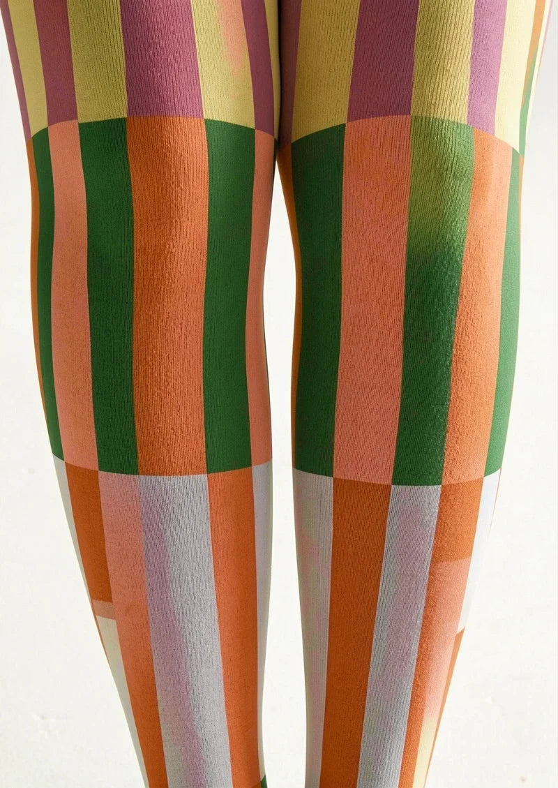 Retro Orange Green Shift Blocks Tights Hosiery Pantyhose