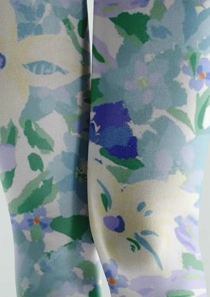 Watercolor Blue Floral Tights Hosiery Pantyhose