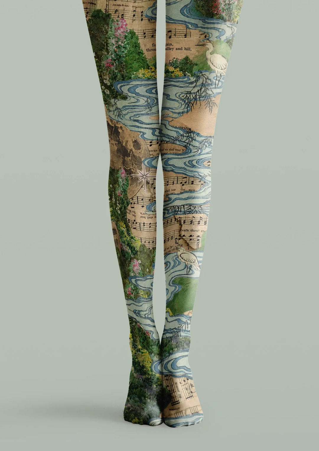 Women Beige Crane Melody Patterned Tights Hosiery Pantyhose