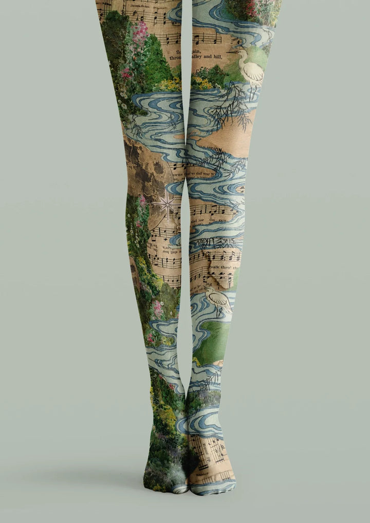 Women Beige Crane Melody Patterned Tights Hosiery Pantyhose
