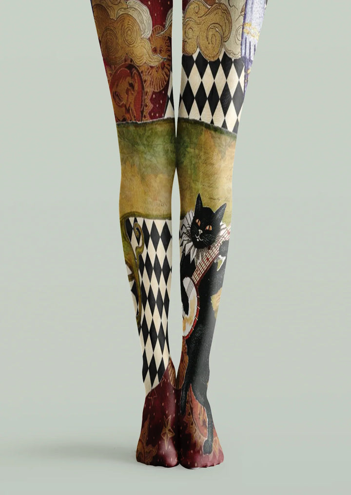 Women Vintage Cat Collage Cute Animal Print Tights Pantyhose