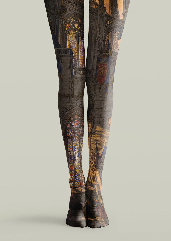 Women Gray Gothic Cathedral Print Tights and Hosiery Pantyhose