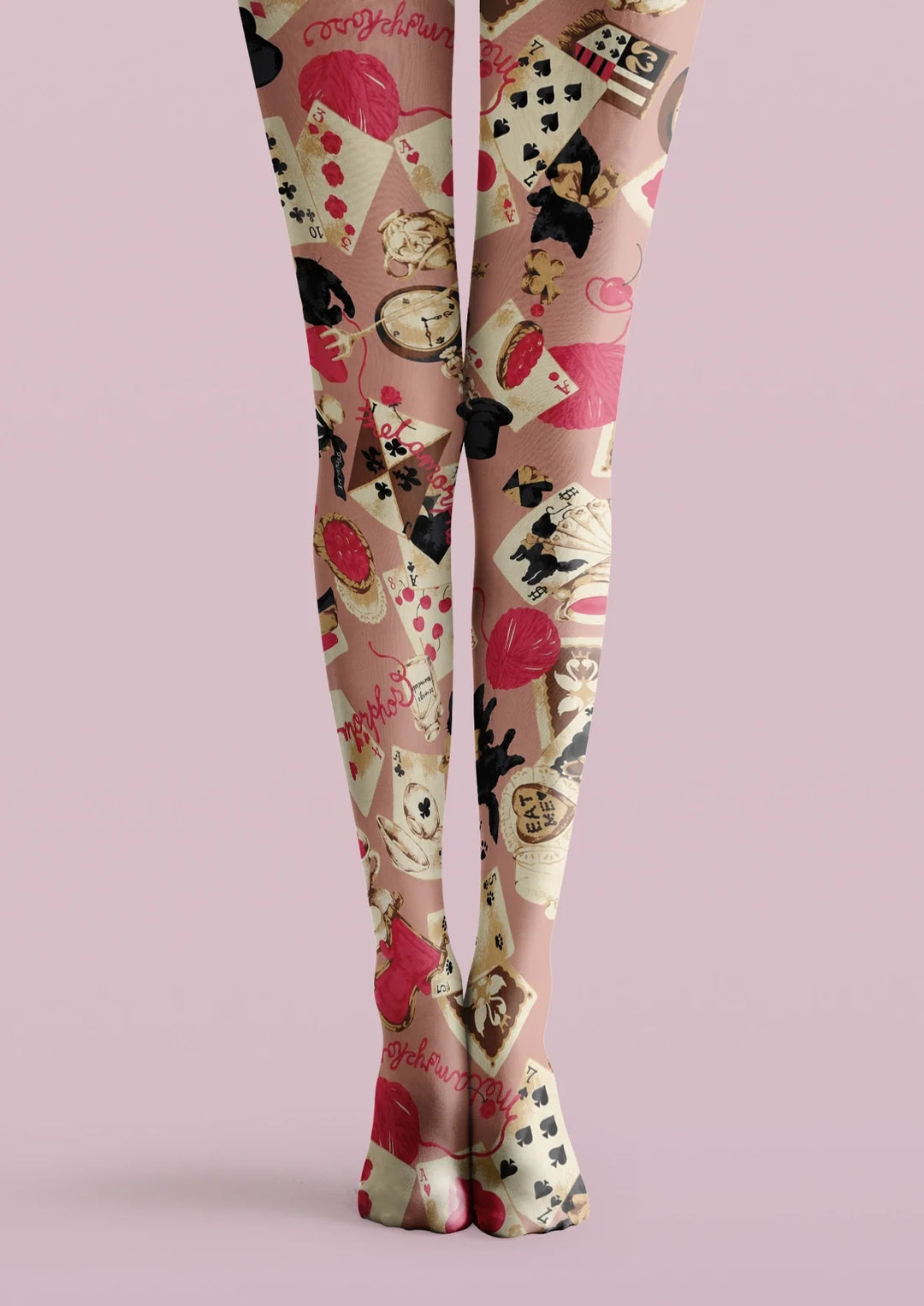 Women Pink Playing Card Collage Print Tights Hosiery Pantyhose