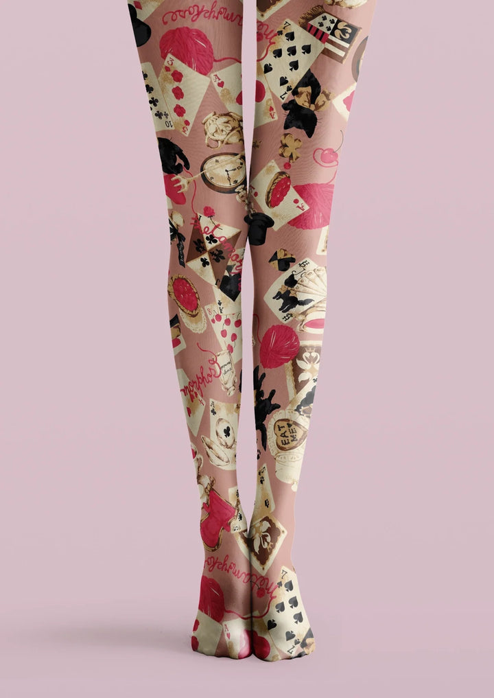 Women Pink Playing Card Collage Print Tights Hosiery Pantyhose