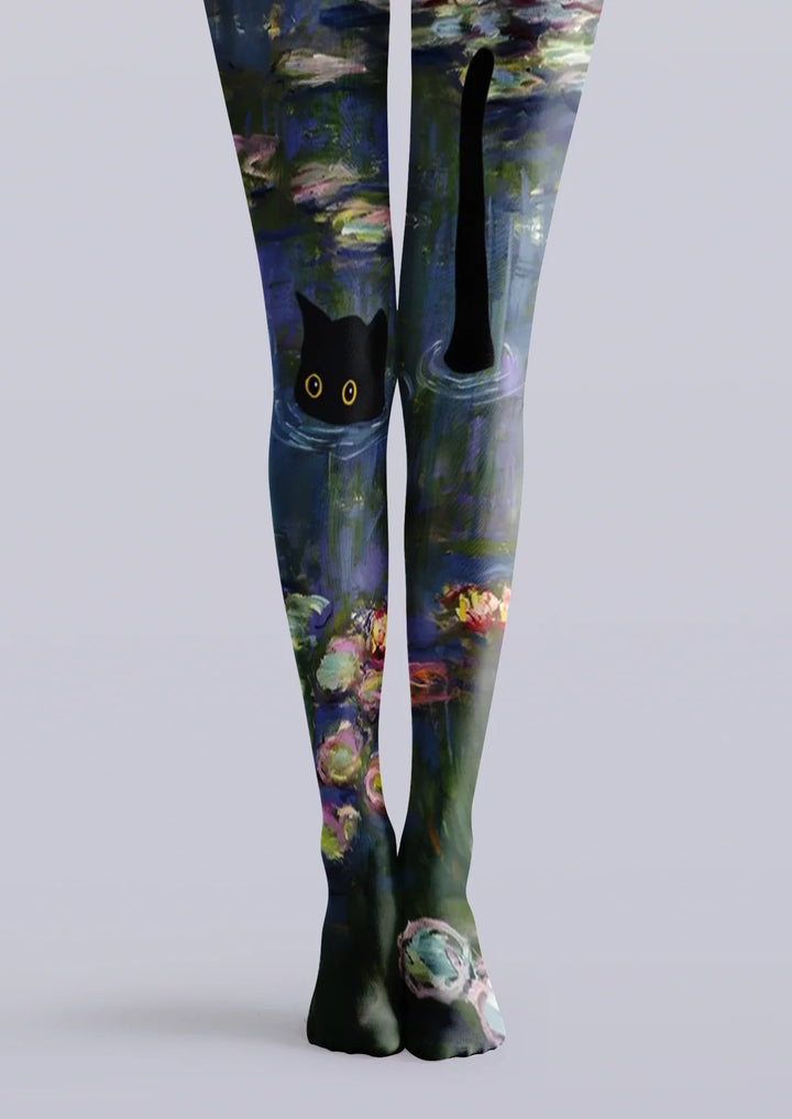 Women Water Lily Cat Graphic Print Tights and Hosiery Pantyhose