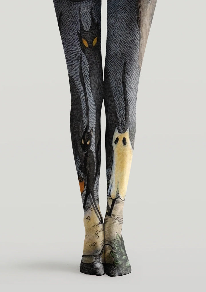 Women Midnight Ghost Cat Graphic Print Tights Hosiery Pantyhose