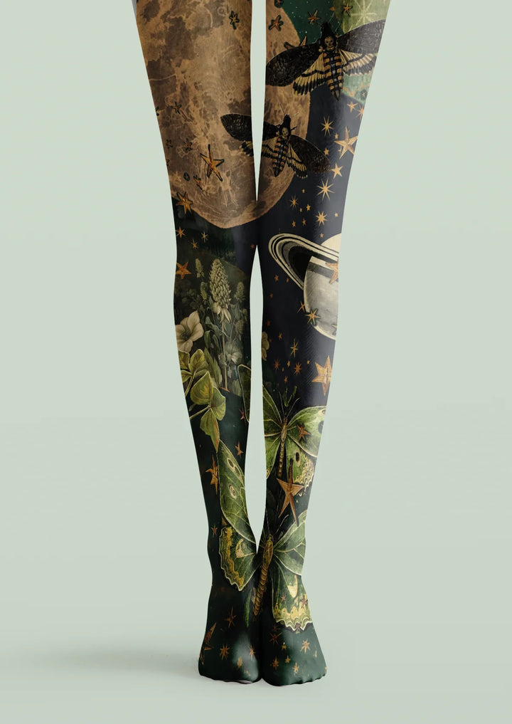 Women Black Celestial Moth Printed Tights Hosiery Pantyhose