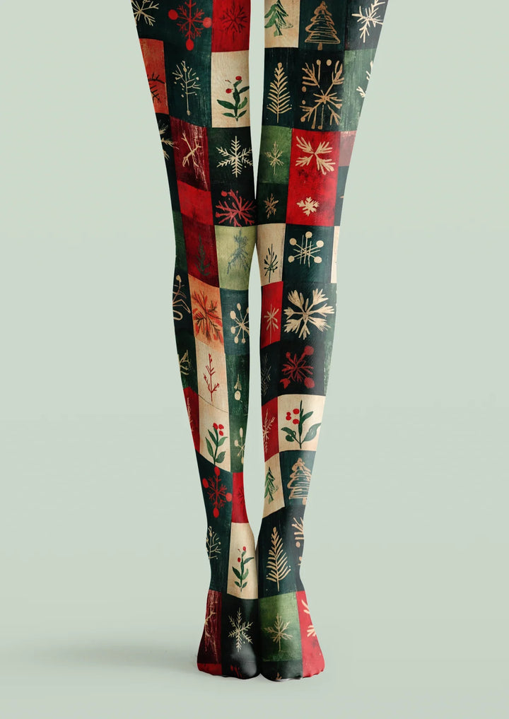 Green Christmas Patchwork Tights Hosiery Pantyhose