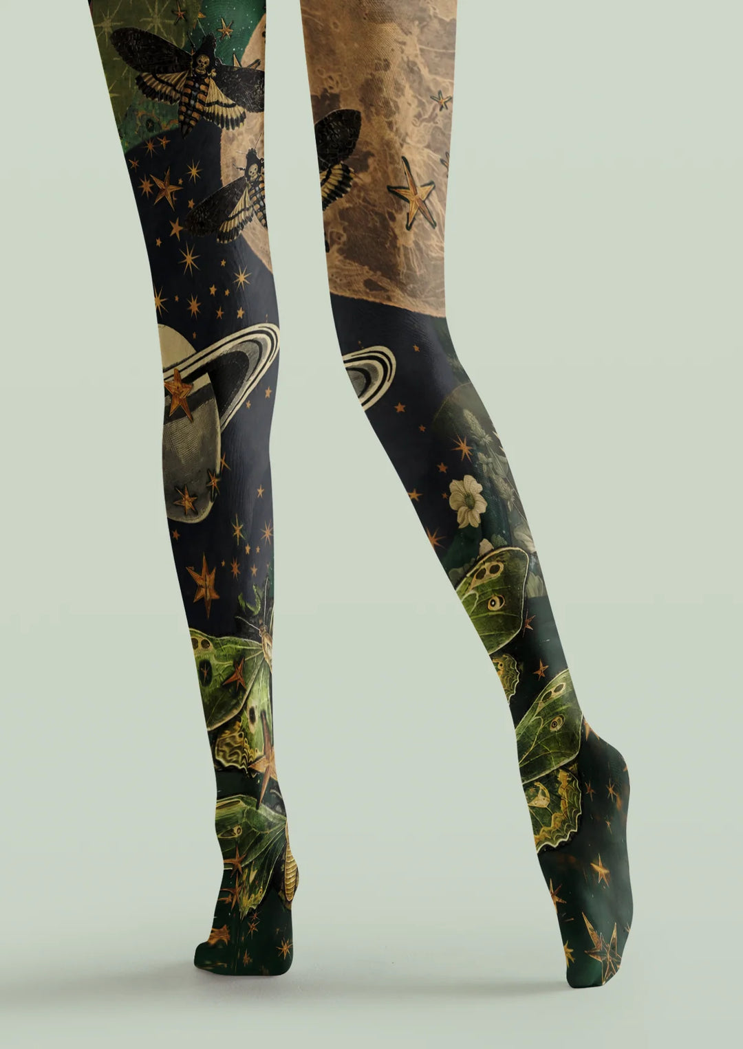 Women Black Celestial Moth Printed Tights Hosiery Pantyhose