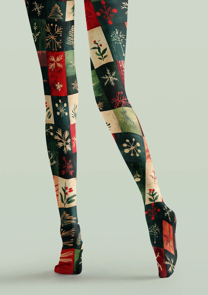 Green Christmas Patchwork Tights Hosiery Pantyhose