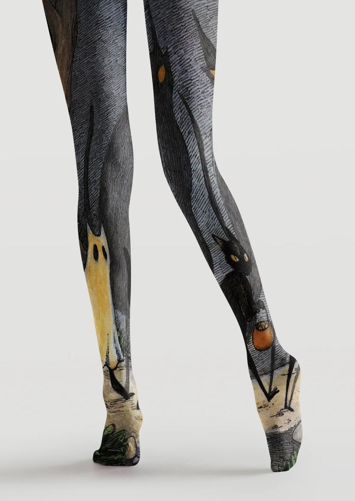 Women Midnight Ghost Cat Graphic Print Tights Hosiery Pantyhose