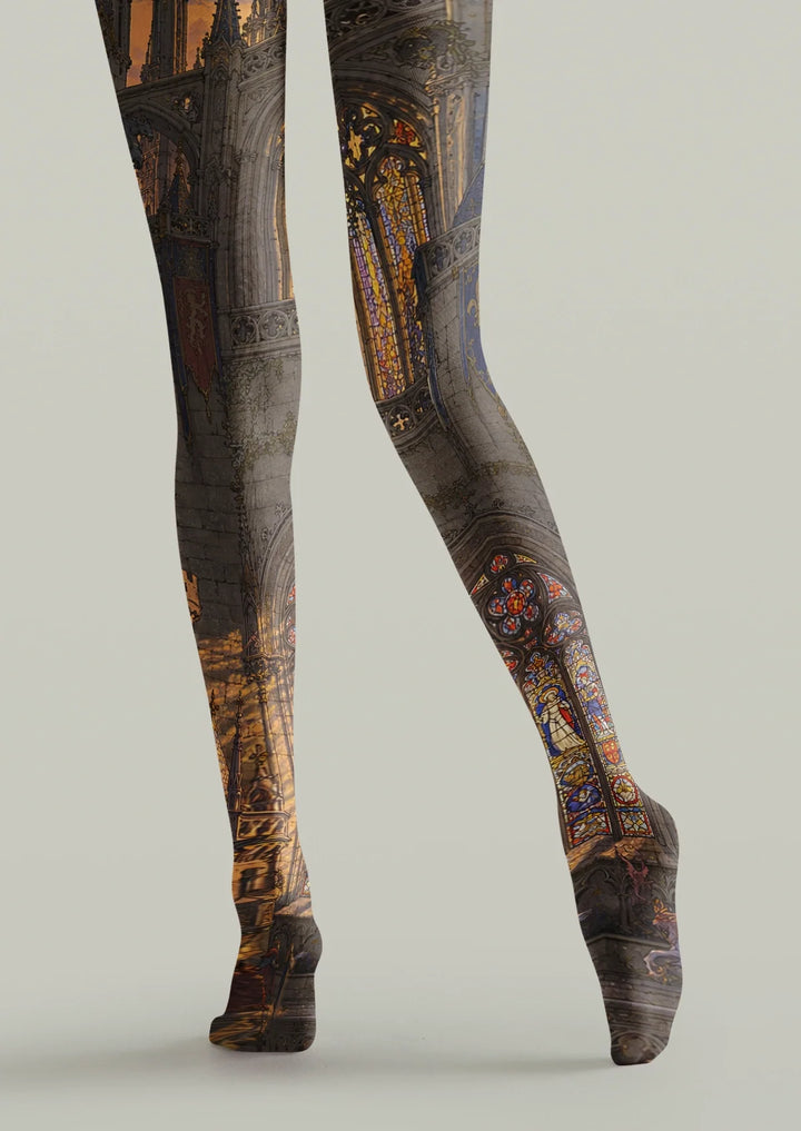 Women Gray Gothic Cathedral Print Tights and Hosiery Pantyhose