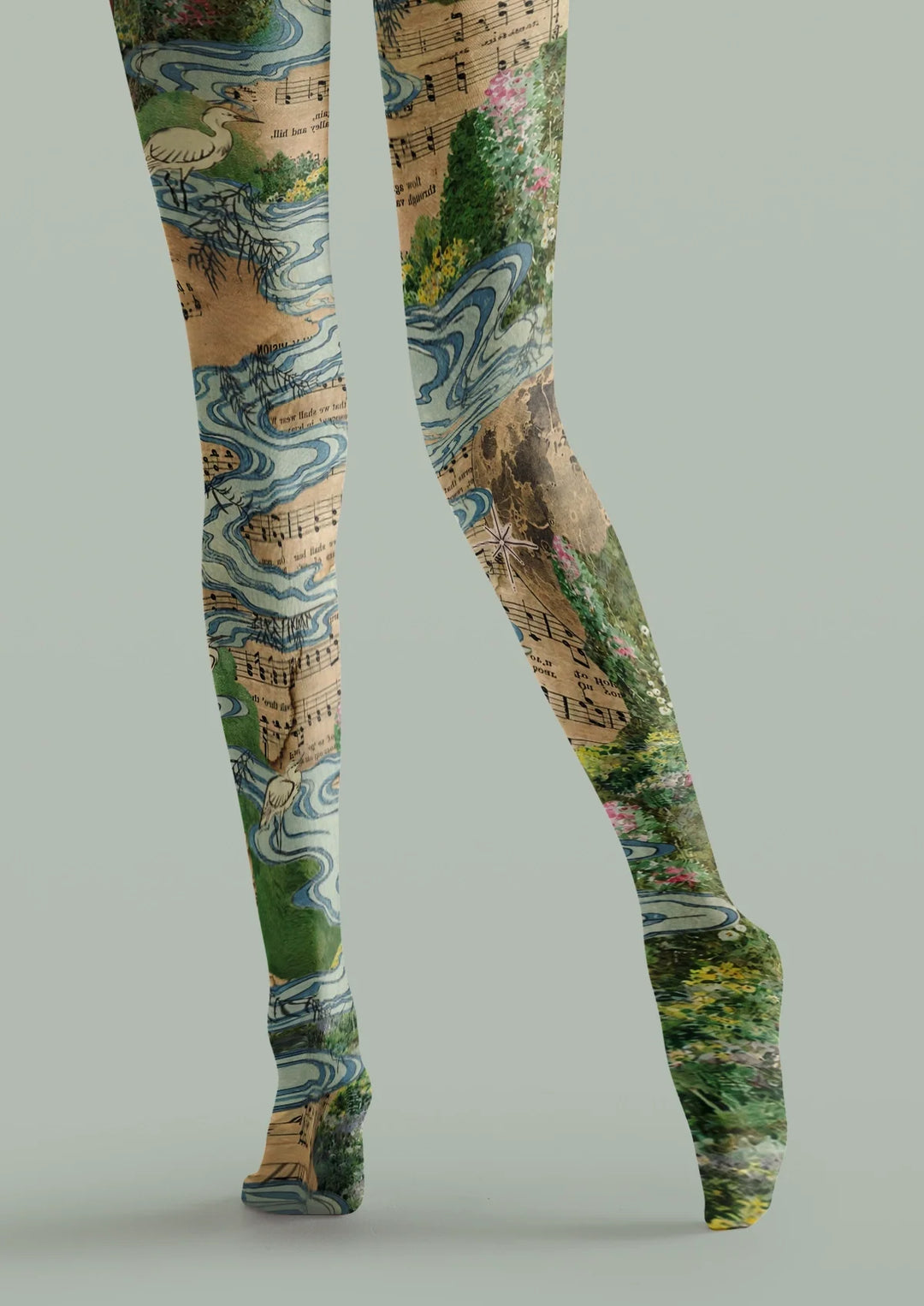 Women Beige Crane Melody Patterned Tights Hosiery Pantyhose
