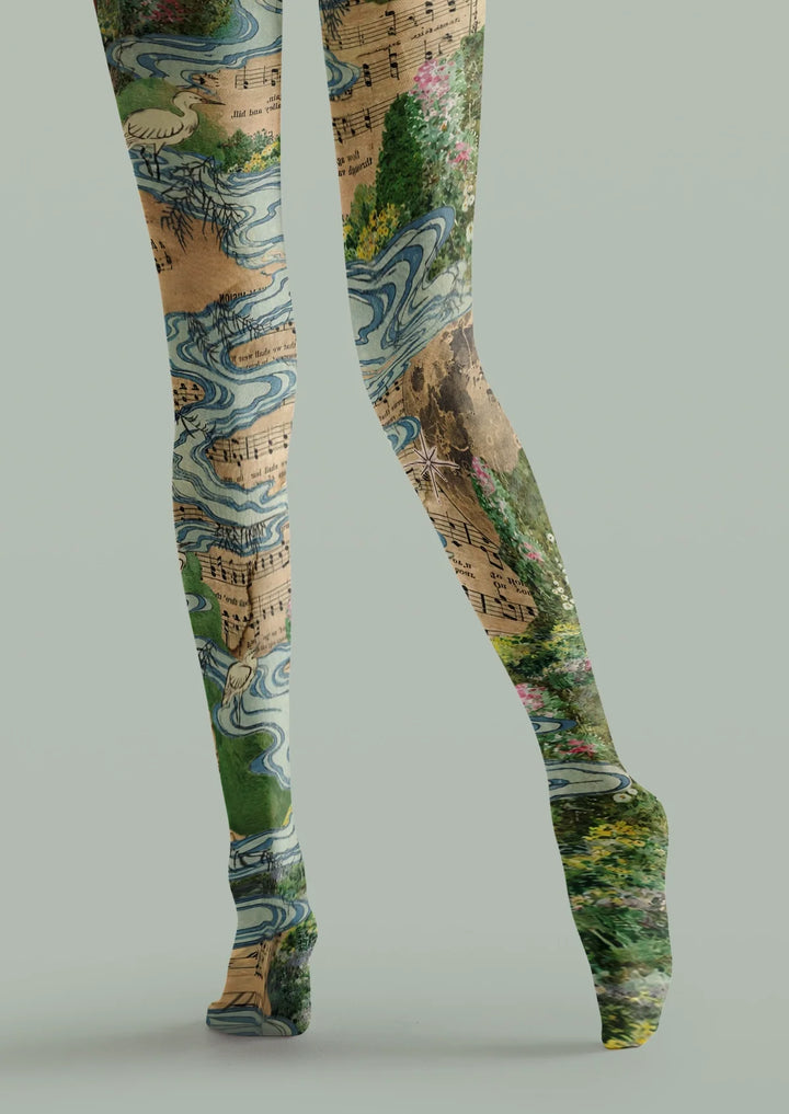 Women Beige Crane Melody Patterned Tights Hosiery Pantyhose