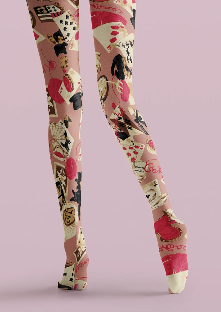 Women Pink Playing Card Collage Print Tights Hosiery Pantyhose
