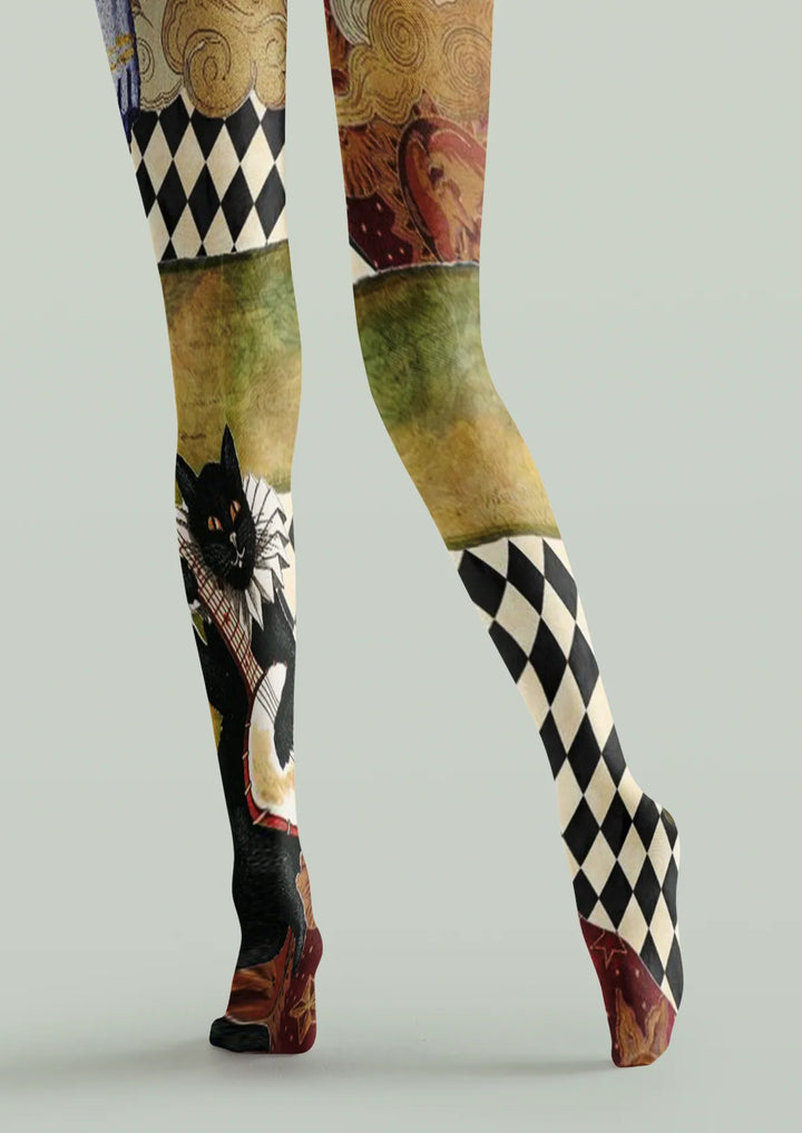 Women Vintage Cat Collage Cute Animal Print Tights Pantyhose