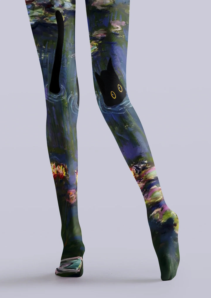 Women Water Lily Cat Graphic Print Tights and Hosiery Pantyhose