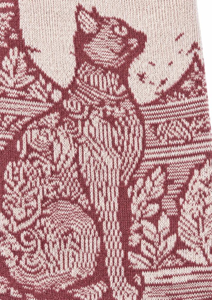 Women Dusty Rose Ivory Vintage Cat Floral Jacquard Crew Socks