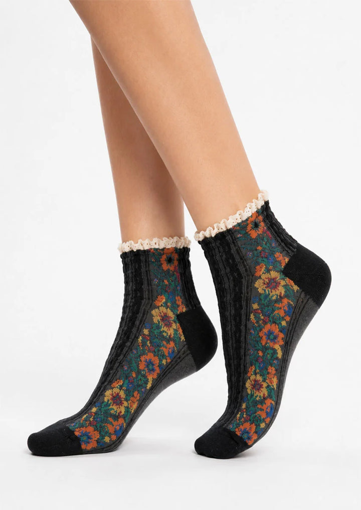 Black Vintage Floral Jacquard Sheer Mesh Socks