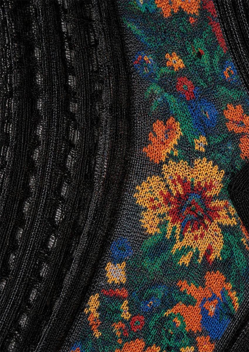 Black Vintage Floral Jacquard Sheer Mesh Socks
