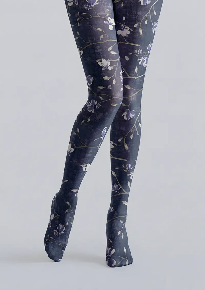 Women Vintage Dark Blue Floral Print Tights Hosiery Pantyhose