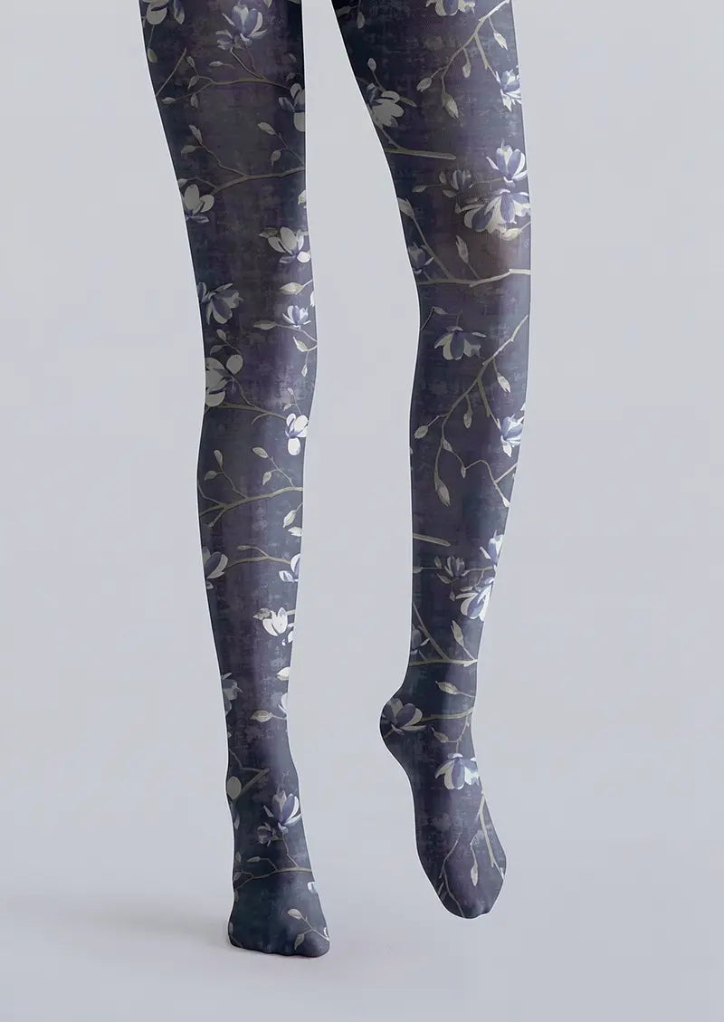 Women Vintage Dark Blue Floral Print Tights Hosiery Pantyhose
