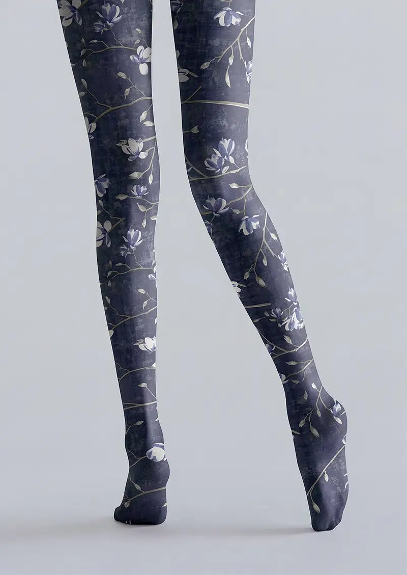 Women Vintage Dark Blue Floral Print Tights Hosiery Pantyhose