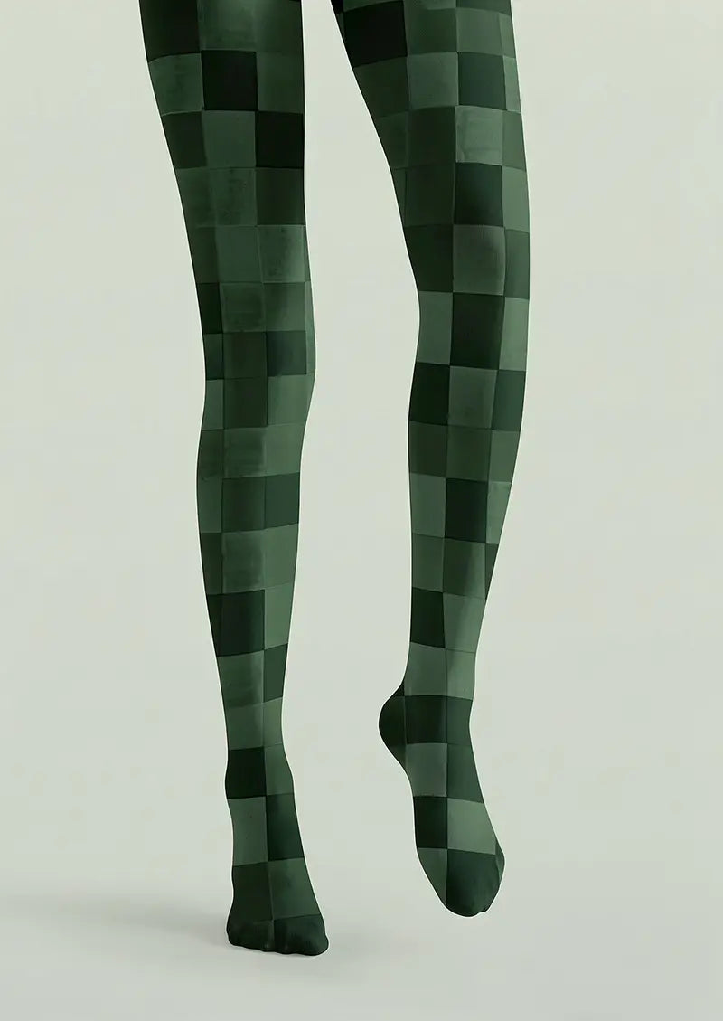 Women Dark Green Checkered Pattern Tights Hosiery Pantyhose