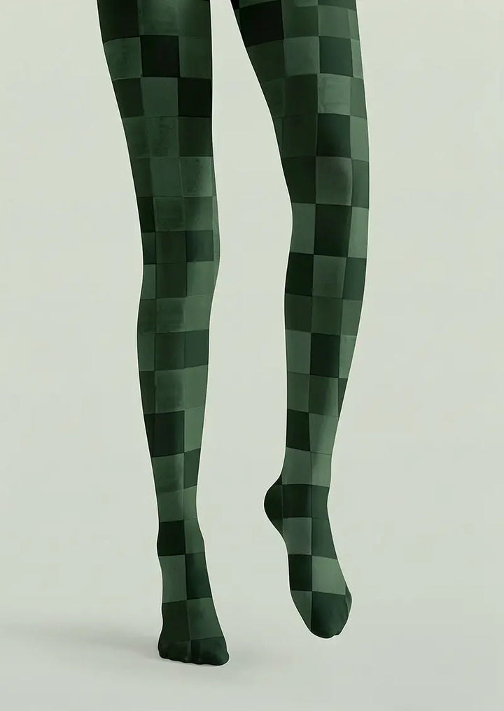 Women Dark Green Checkered Pattern Tights Hosiery Pantyhose