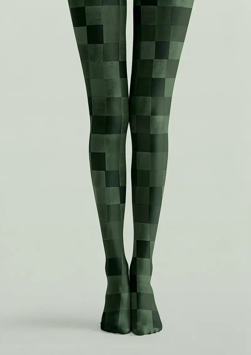 Women Dark Green Checkered Pattern Tights Hosiery Pantyhose