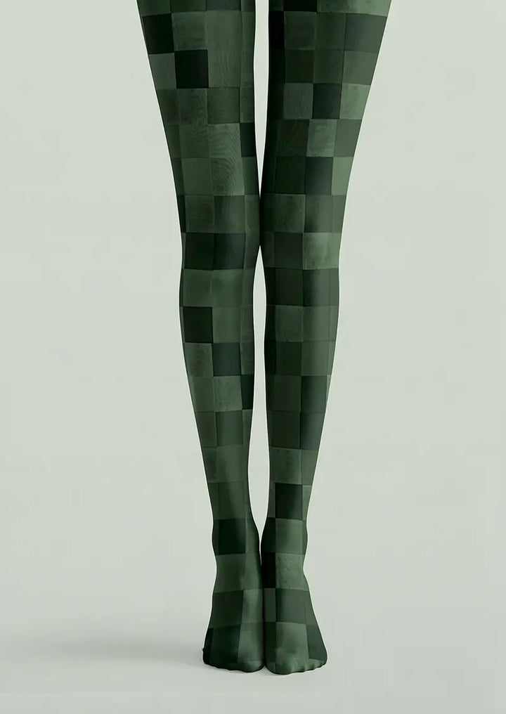 Women Dark Green Checkered Pattern Tights Hosiery Pantyhose