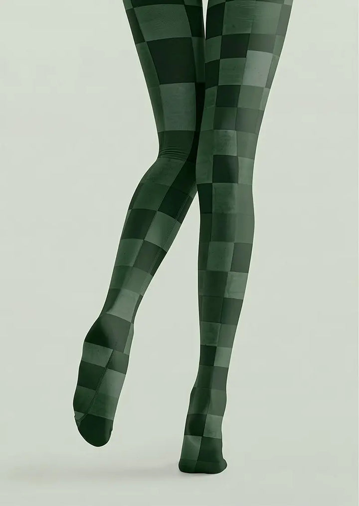Women Dark Green Checkered Pattern Tights Hosiery Pantyhose