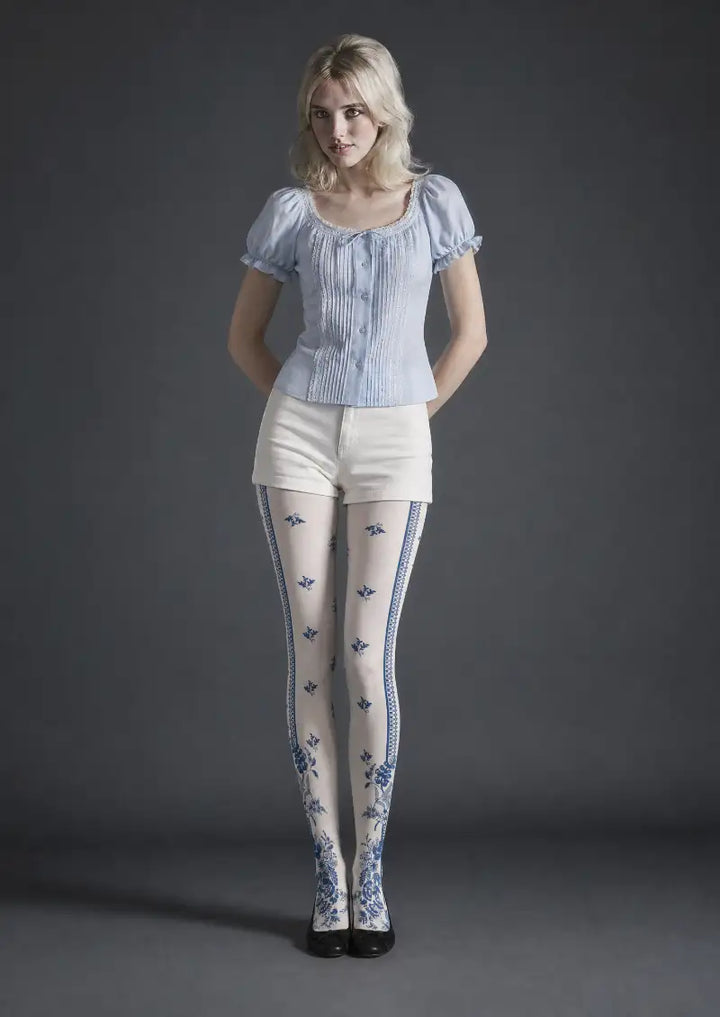 Women Blue White Floral Border Print Tights Hosiery Pantyhose