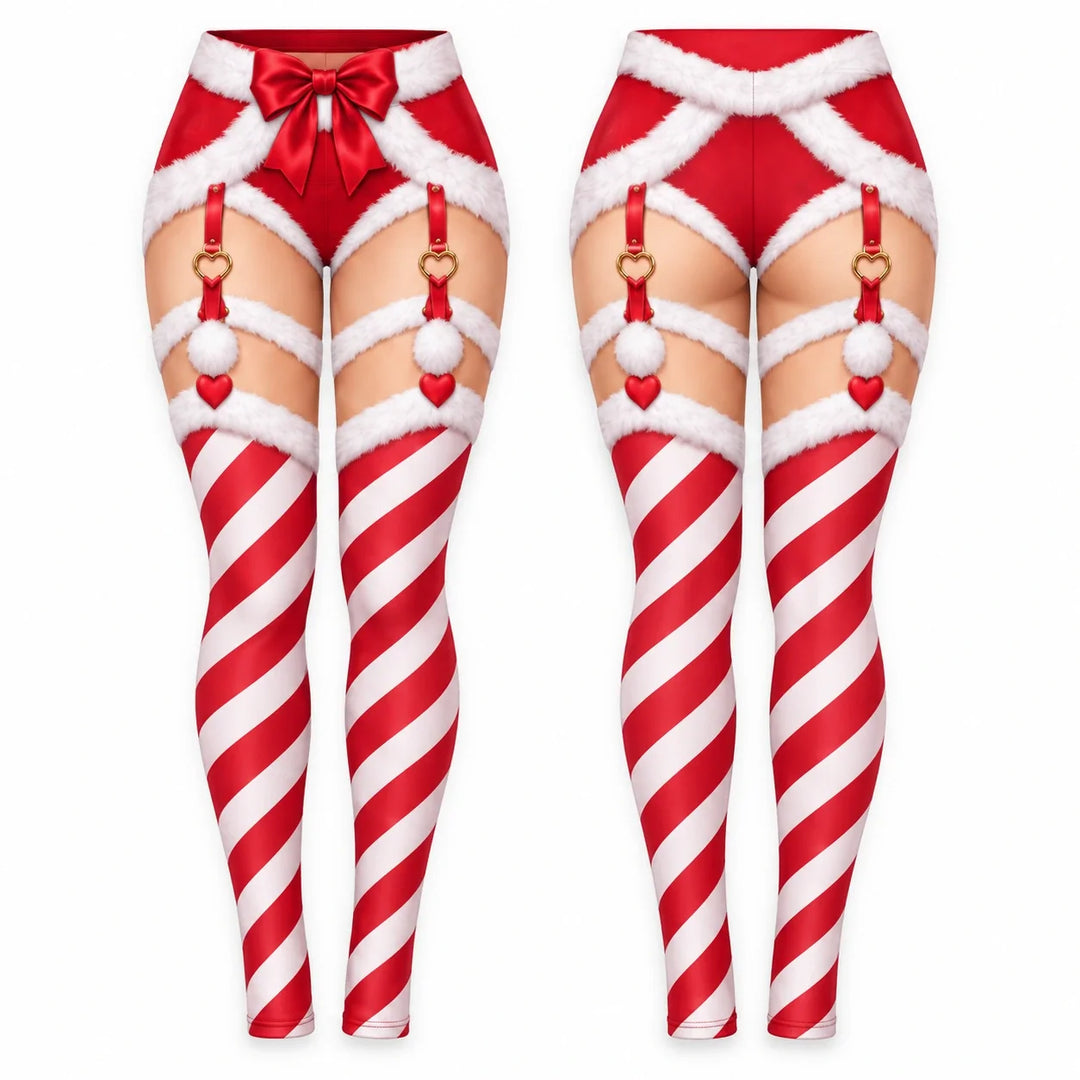 Sexy Christmas Candy Cane Print Leggings – Santa Faux Skin High Waist Pants