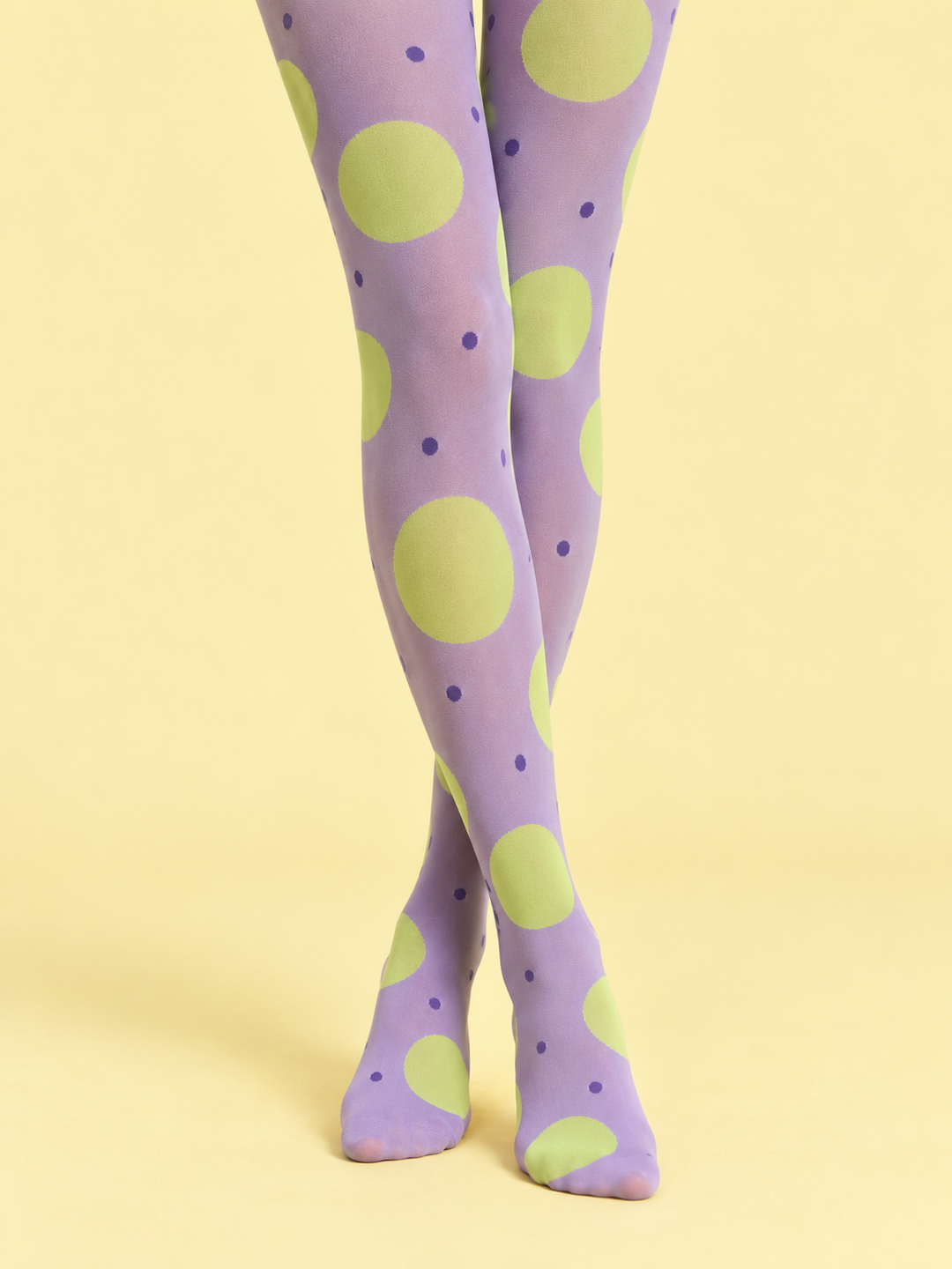 Women Lavender Lime Mixed Polka Dot Full Foot Tights Pantyhose