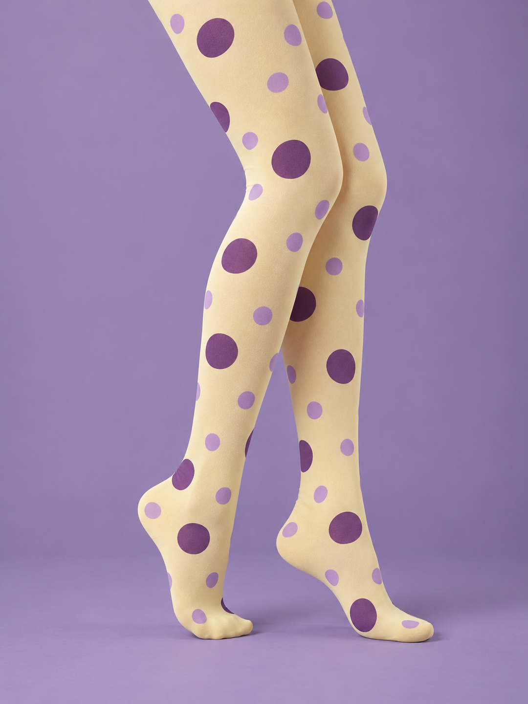 Women Butter Yellow Purple Polka Dot Full Foot Pantyhose