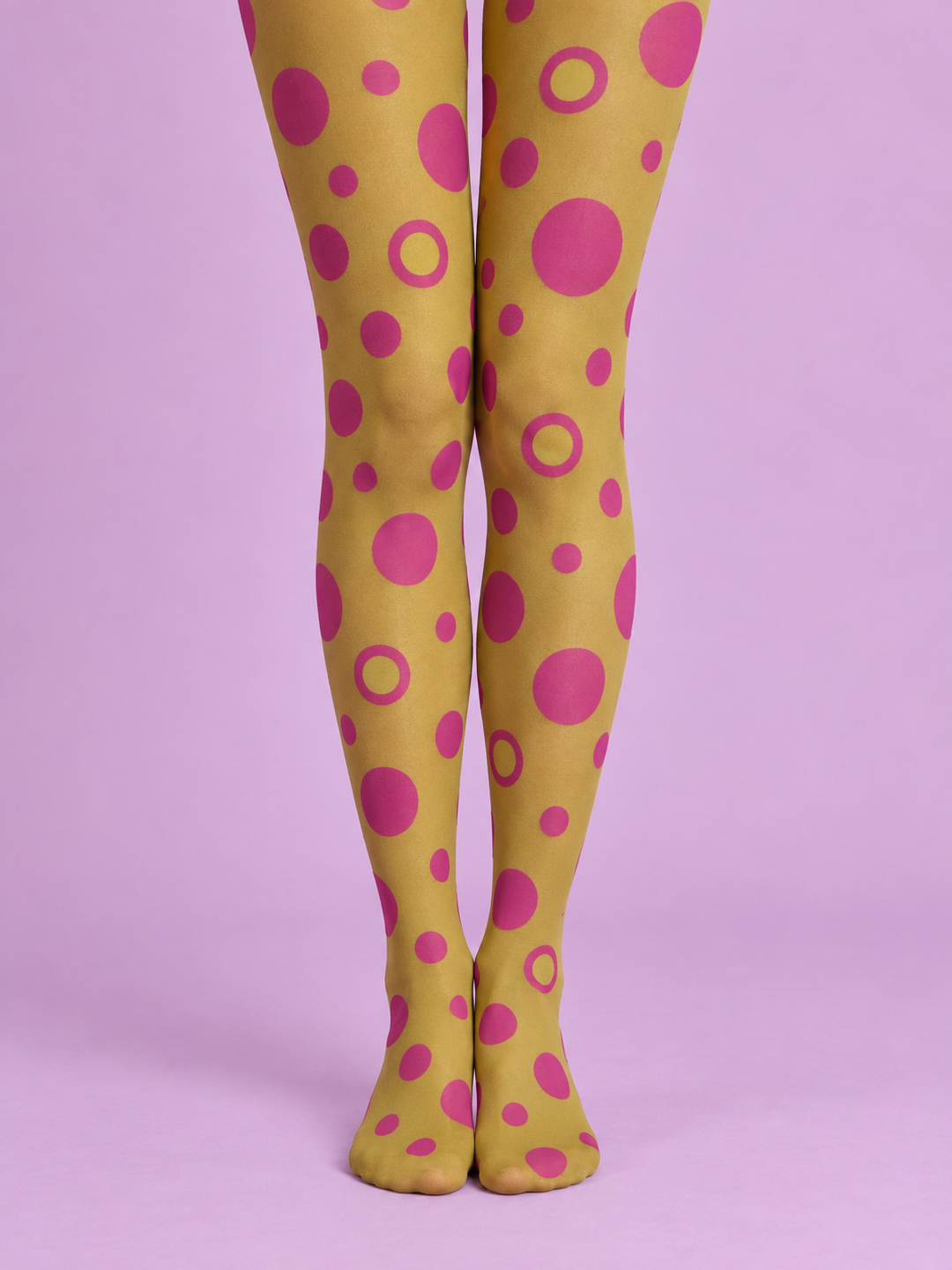 Women Mustard Pink Mixed Circle Dot Full Foot Pantyhose