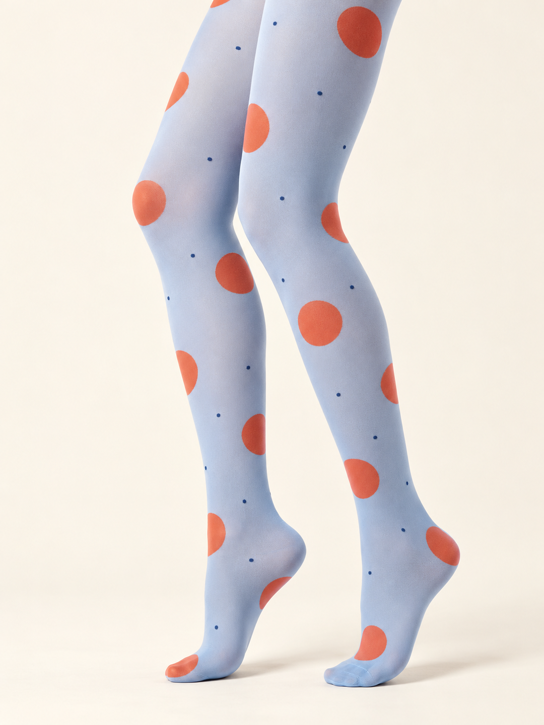 Women Ice Blue Orange Bold Polka Dot Full Foot Pantyhose
