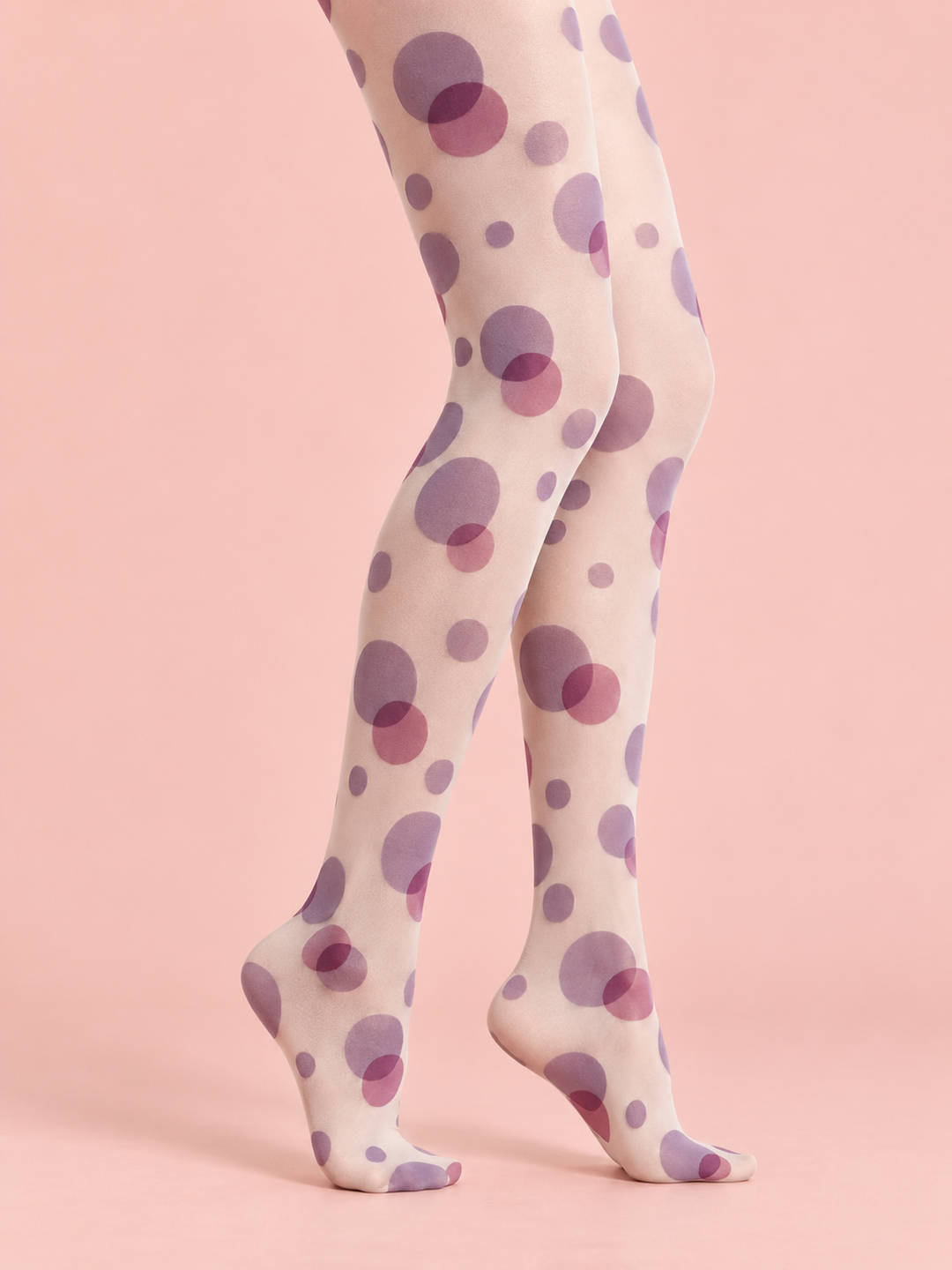 Women Warm Ivory Purple Overlapping Circle Dot Pantyhose