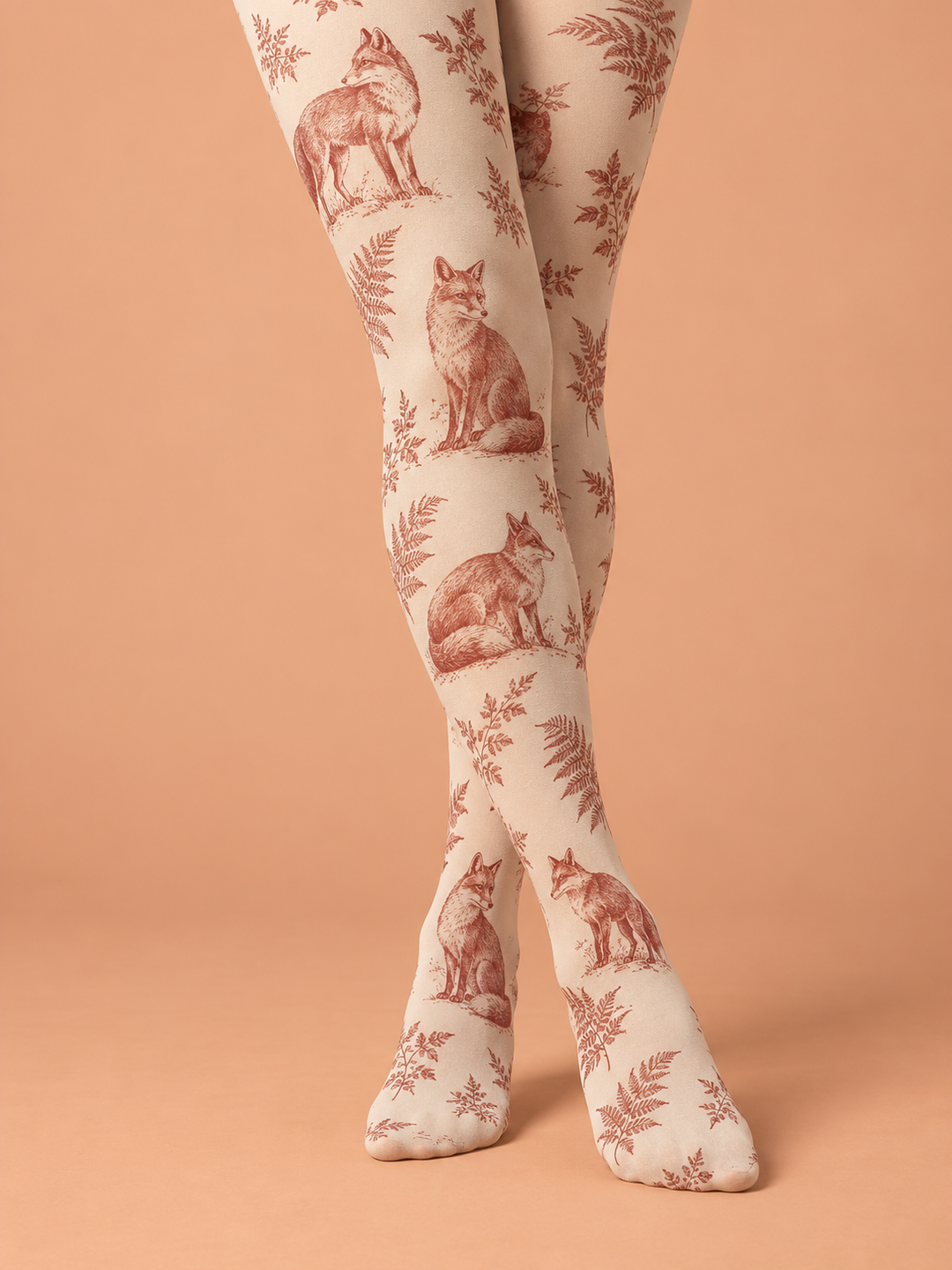 Women Ivory Rust Woodland Fox Etching Full Foot Pantyhose