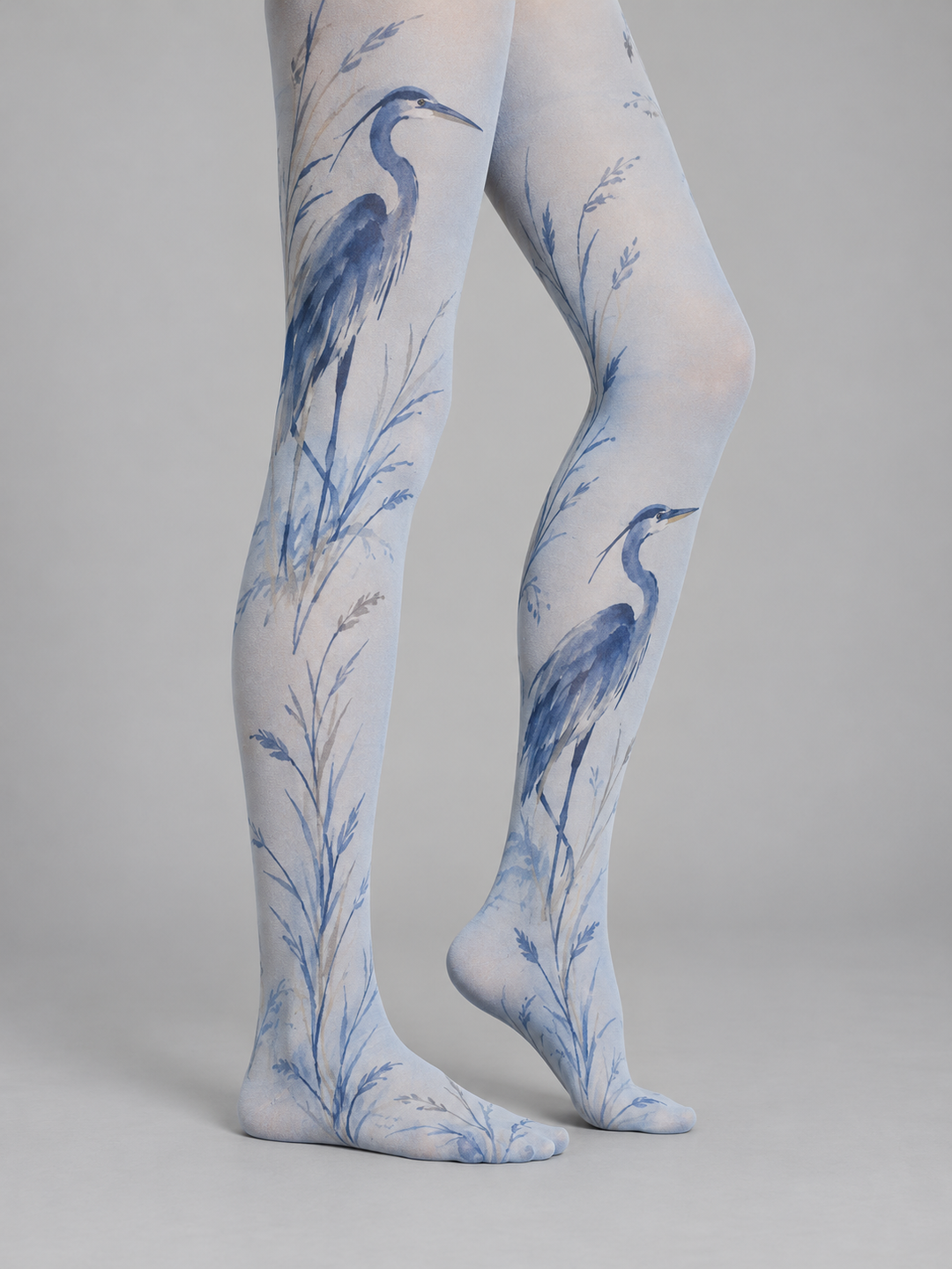Women Sky Blue Ink Heron Watercolor Full Foot Pantyhose
