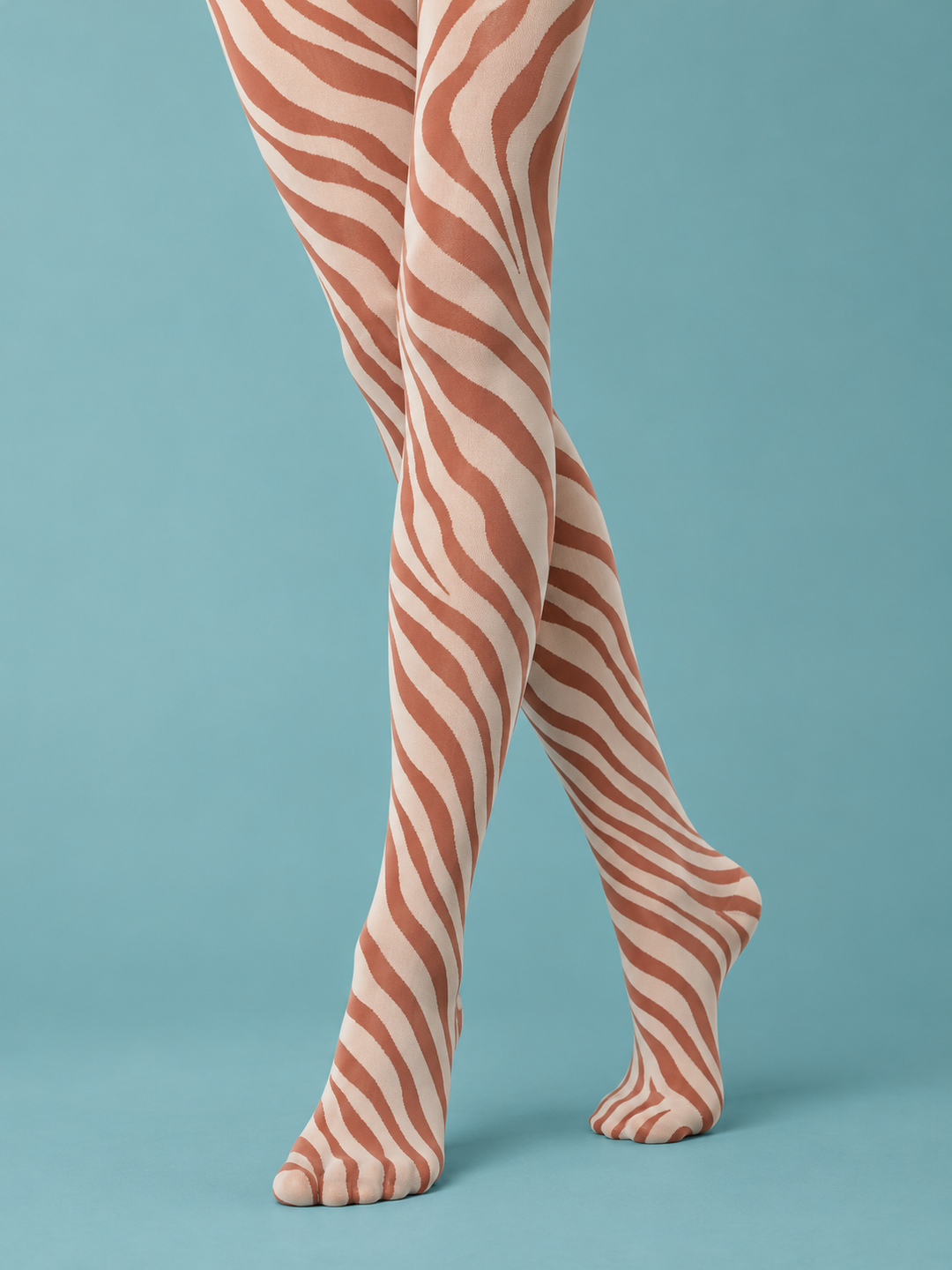 Women Ivory Terracotta Zebra Stripe Full Foot Pantyhose