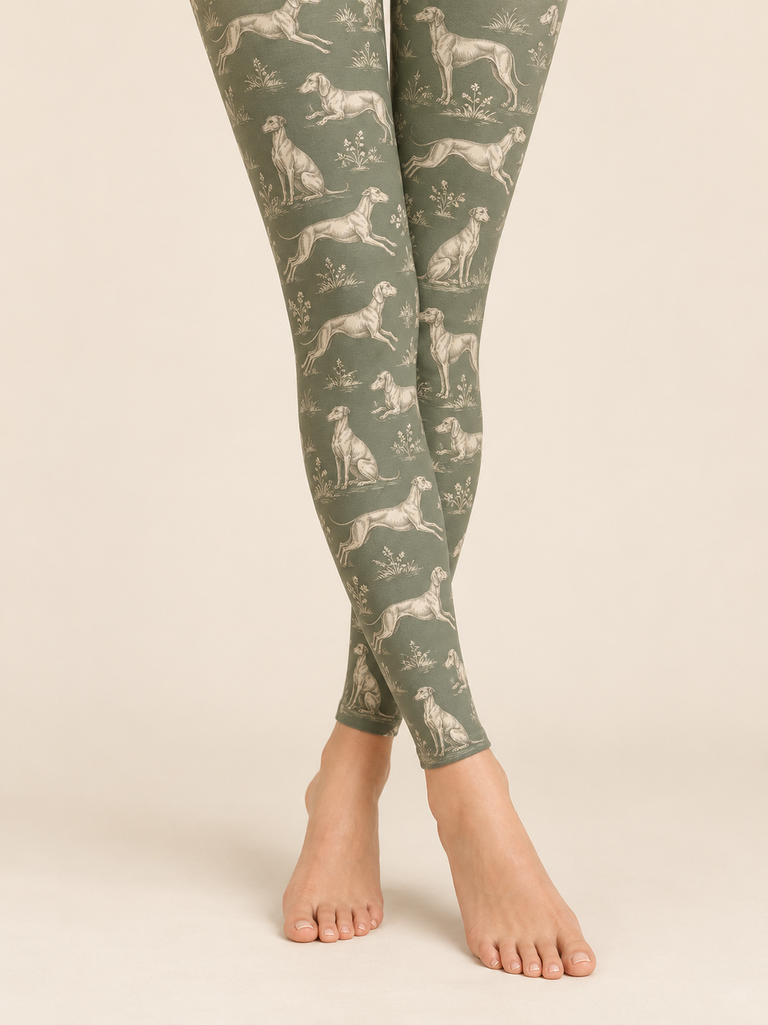 Women Sage Cream Dog Toile Print Footless Tights Pantyhose