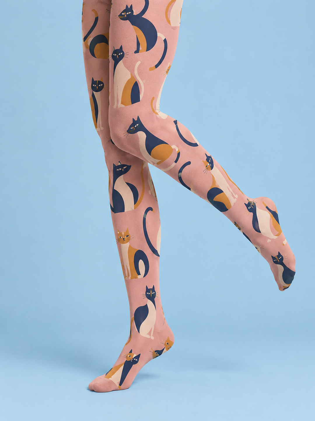 Women Blush Navy Abstract Cat Print Full Foot Pantyhose