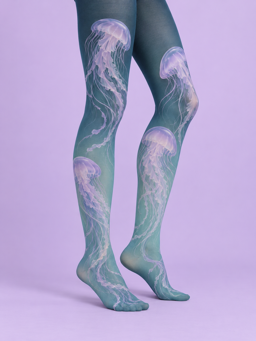 Women Teal Lilac Jellyfish Ombre Full Foot Tights Pantyhose